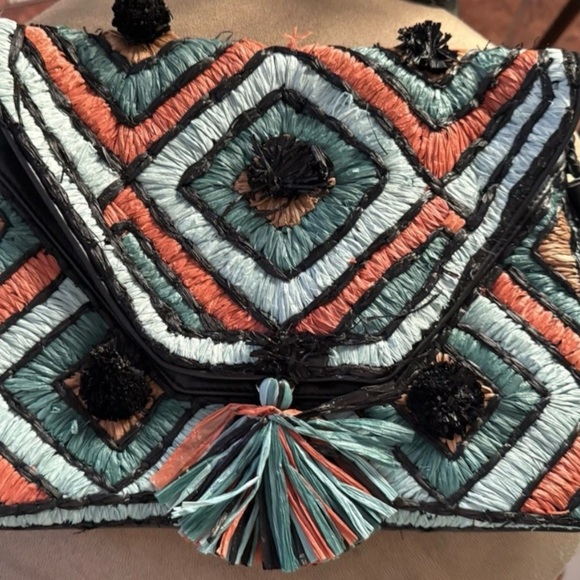 Anthropologie ibBan Handmade Raffia Leather Crossbody Bag Teal Black Tassel - Picture 2 of 16